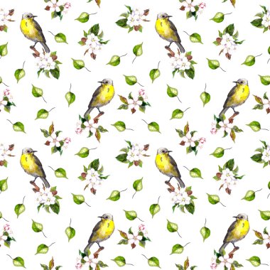 Beautiful watercolor background with flowers and birds