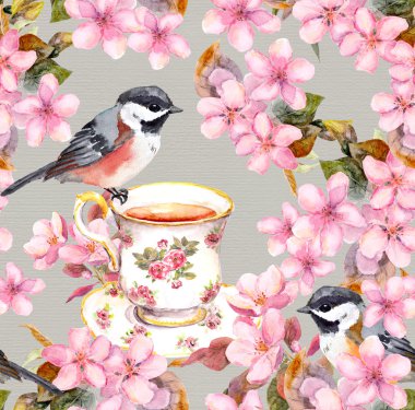 Tea cup with pretty bird in blossom -pink flowers garden. Watercolour art. Seamless floral pattern on grey paper texture
