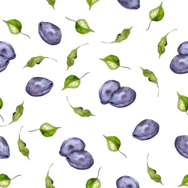 Watercolor repeated template with plums and leaves