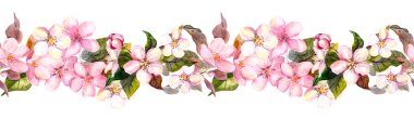 Seamless repeated floral border - pink cherry - sakura - and apple flowers. Watercolor clipart