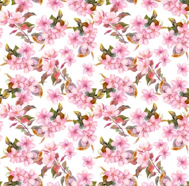 Pink blooming fruit flowers apple, cherry, plum. Seamless floral pattern. Watercolor on white background