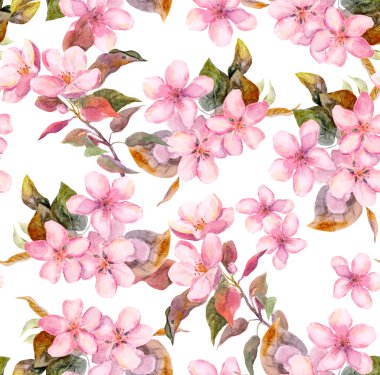 Pink fruit apple, cherry, sakura flowers. Seamless floral template. Aquarelle on white background