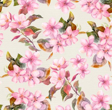 Pink apple, cherry blooming flowers. Seamless floral tiled swatch. Watercolor on paper background