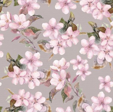 Pink apple, cherry blooming flowers. Seamless floral tiled swatch. Watercolor on paper background