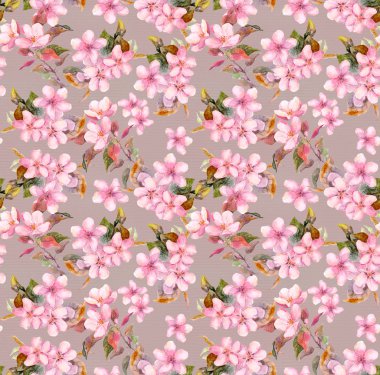 Vintage pink apple, cherry - sakura flowers. Seamless floral wallpaper. Retro aquarelle on gray background