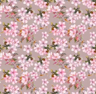 Pink apple, cherry flowers in blossom. Seamless floral pattern. Grey background