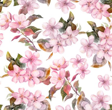 Pink fruit - apple, cherry, sakura - flowers. Seamless floral template. Aquarelle on white background