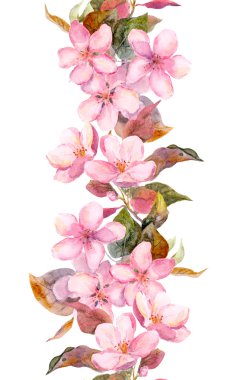 Fruit tree - apple or cherry - flowers. Seamless floral strip border. Watercolor painted banner