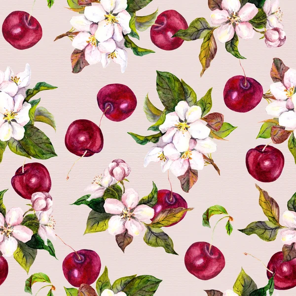 Цветочный узор акварели с вишневыми ягодами и вишневыми цветами . — стоковое фото