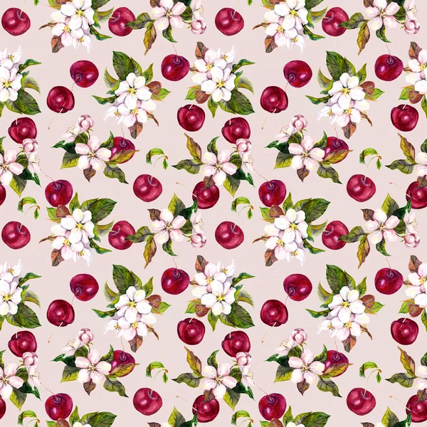 Patrón floral de acuarela con bayas de cereza y flores de cereza — Foto de Stock