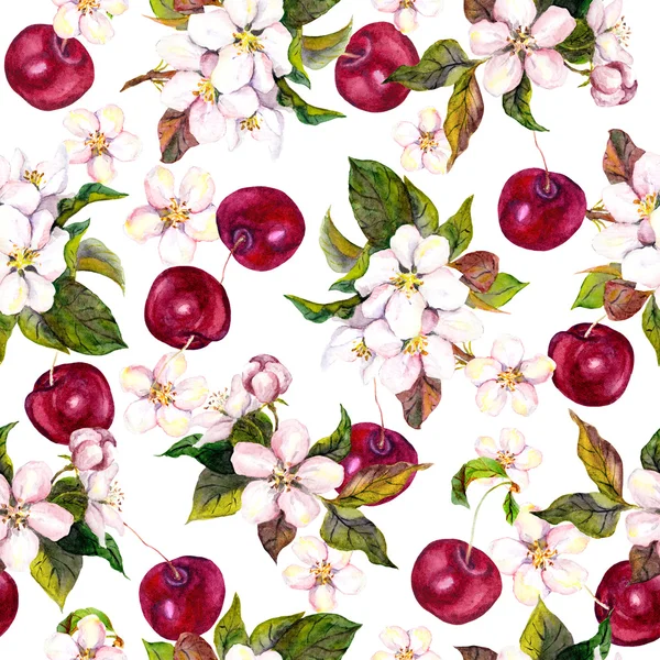 Cherry flowers and cherry berries. Seamless floral pattern. Watercolor — Stock fotografie