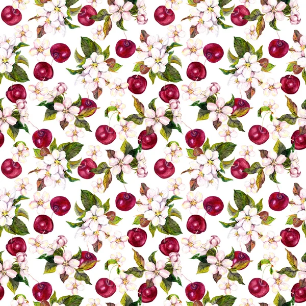Kirschblüten und Kirschbeeren. nahtloses Blumenmuster. Aquarell — Stockfoto