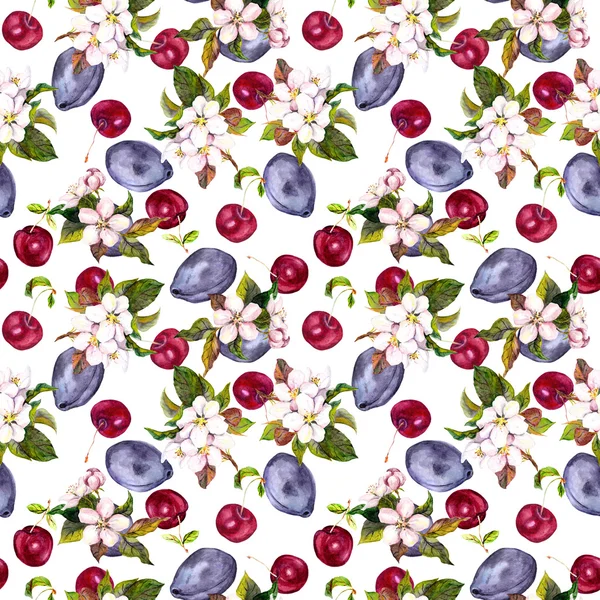 Cherry flowers and fruits: cherry berries, plum. Seamless background. Watercolour — Zdjęcie stockowe