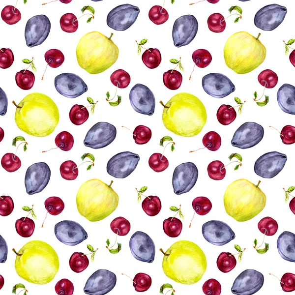 Cherry flowers and harvest fruits: plum, cherry, apple. Seamless wallpaper. Watercolour — Stok fotoğraf