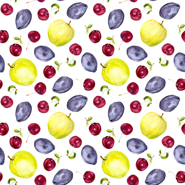 Cherry flowers and harvest fruits: plum, cherry, apple. Seamless wallpaper. Watercolour