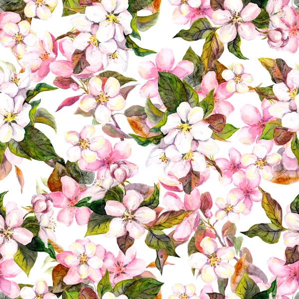 Seamless repeated vintage floral pattern - pink cherry sakura and apple flowers. Retro watercolor — Stok fotoğraf