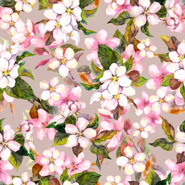 Seamless repeated floral pattern - pink cherry sakura and apple flowers. Watercolor — Zdjęcie stockowe