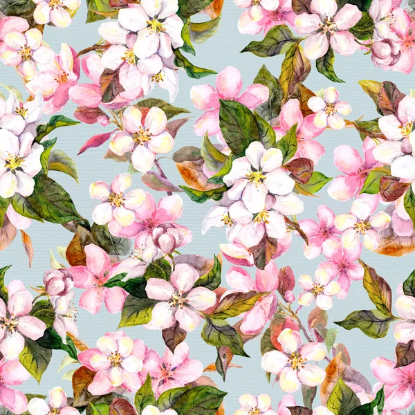 Seamless repeated floral pattern - pink cherry sakura and apple flowers. Watercolor — Stok fotoğraf