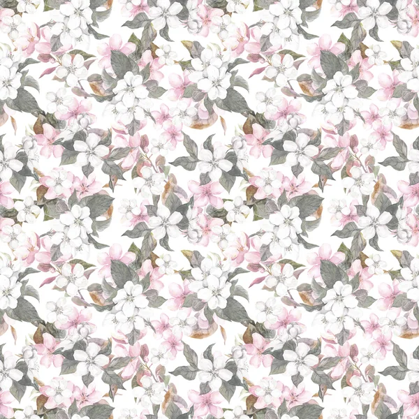 Seamless repeated floral pattern - pink cherry sakura and apple flowers. Watercolor — Stock Photo, Image