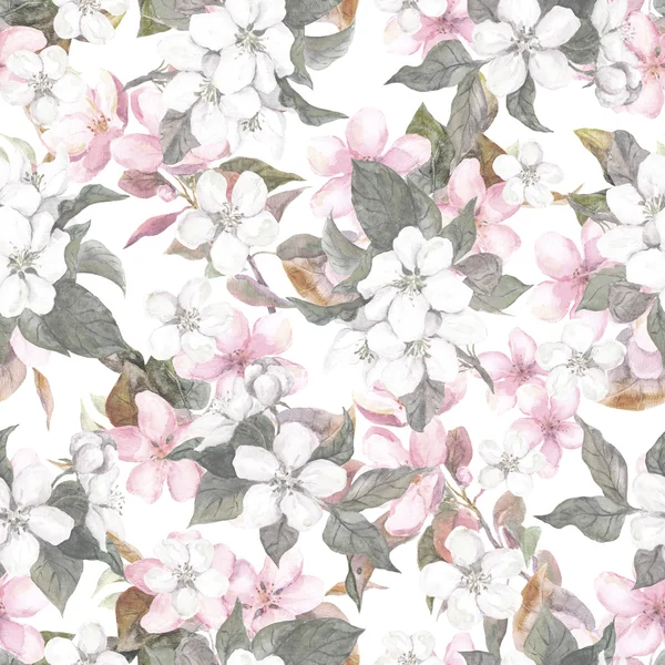 Seamless repeated floral pattern - pink cherry sakura and apple flowers. Watercolor — Stock Photo, Image