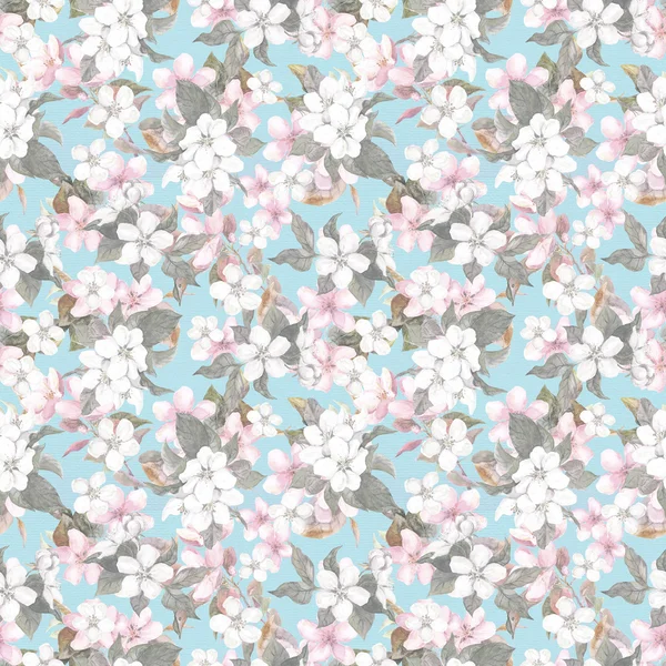 Seamless repeated floral pattern - pink cherry sakura and apple flowers. Watercolor — Stockfoto