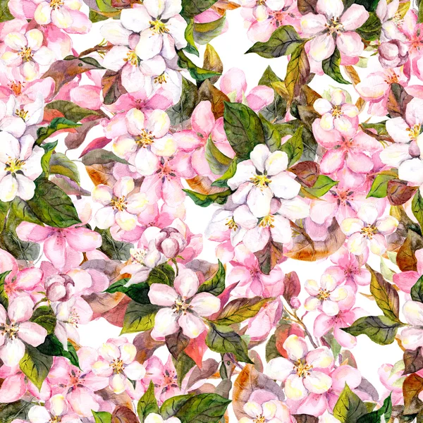 Бесшовный повторяющийся цветочный узор - розовые вишни и яблочные цветы. Акварель — стоковое фото