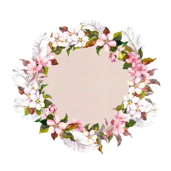 Ditsy border wreath with sakura flowers cherry, apple flower blossom. Watercolour — 图库照片