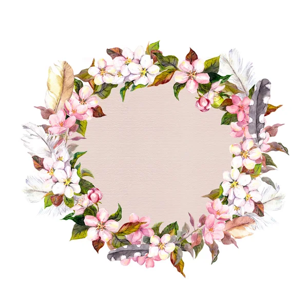 Border wreath with spring blossom and feathers. Apple, cherry, plum, almond flowers. Watercolor — Stok fotoğraf