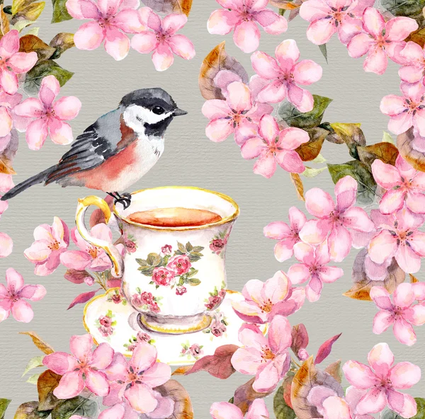 Tea cup, bird and blooming flowers. Seamless floral pattern. Watercolour art on white background — ストック写真