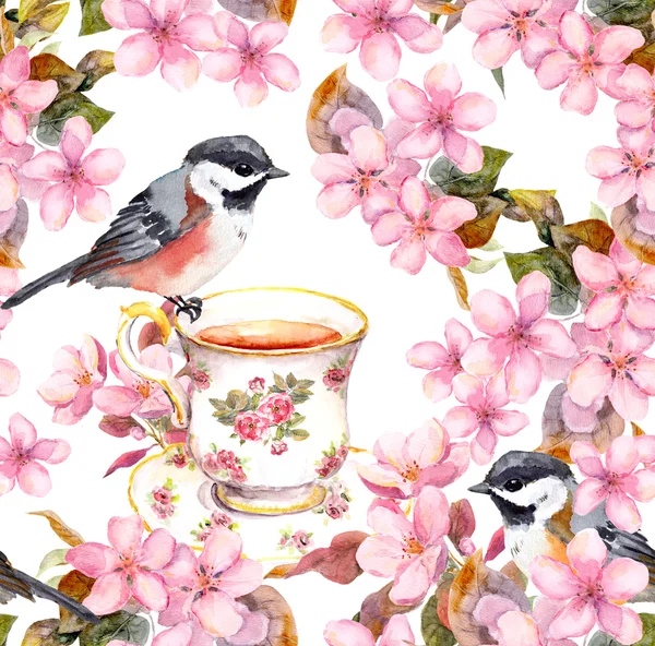 Taza de té, pájaros y flores. Patrón floral sin costuras. Dibujo Aquarelle sobre fondo blanco — Foto de Stock