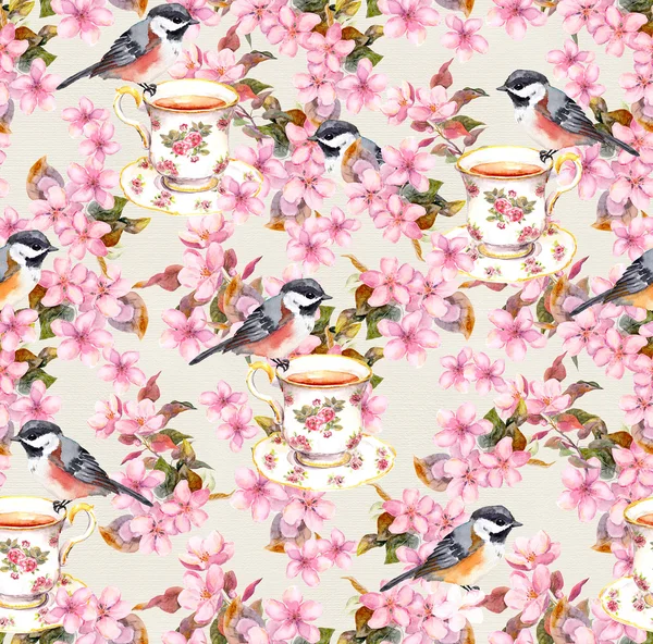 Teacup, bird and pink flowers. Seamless retro floral pattern. Vintage watercolour design on paper background — 图库照片