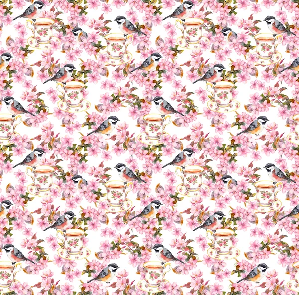 Tea party - teacup, bird and blossom flowers. Seamless floral wallpaper. Watercolor design on white background — Stock Fotó