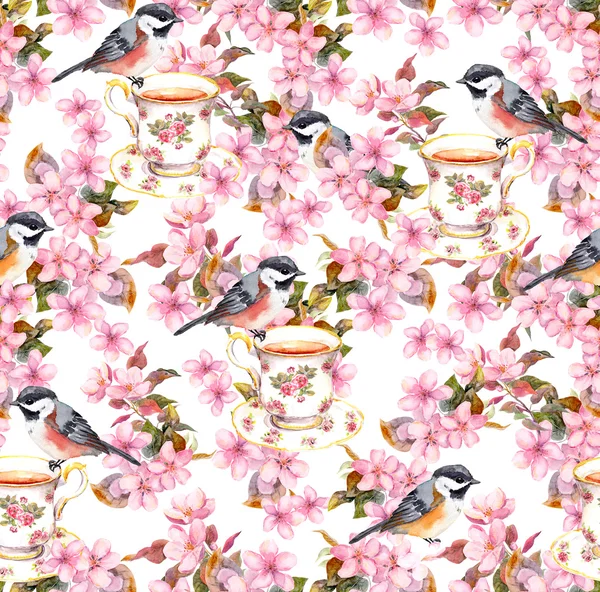 Tea cup, birds and flowers. Seamless floral pattern. Watercolor design on paper background — Stock Photo, Image