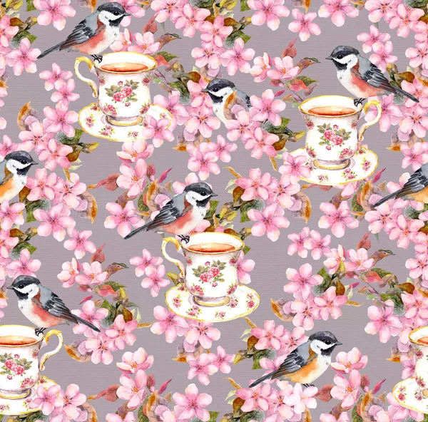 Tea cup, birds and flowers. Seamless floral pattern. Watercolor design on paper background — 图库照片
