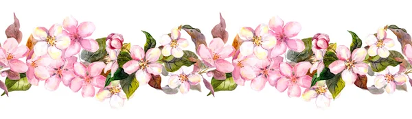 Seamless repeated floral border - pink cherry - sakura - and apple flowers. Watercolor — 图库照片