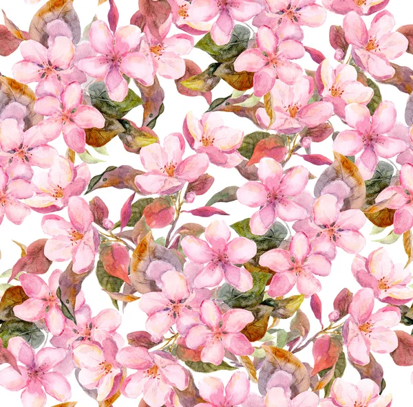 Fruit tree -apple or cherry- pink flowers. Seamless floral swatch. Watercolour art on white background — ストック写真