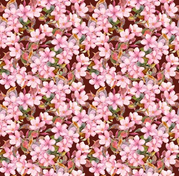 Fruit tree - apple or cherry, flowers. Seamless floral pattern. Aquarelle drawing on brown background — Φωτογραφία Αρχείου