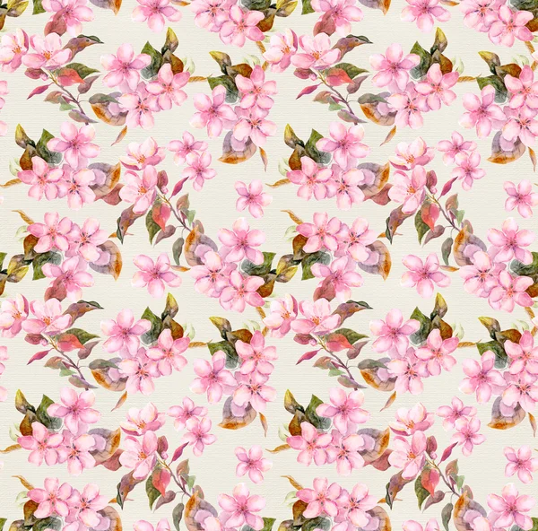 Manzana rosa retro y flores de cerezo en flor. Fondo de pantalla floral sin costuras. Acuarela vintage sobre fondo de papel — Foto de Stock