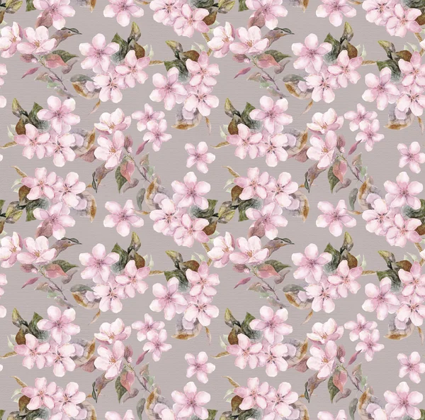 Manzana rosa retro y flores de cerezo en flor. Plantilla floral sin costuras. Acuarela sobre fondo gris — Foto de Stock