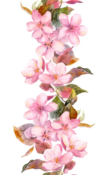 Fruit tree - apple or cherry - flowers. Seamless floral strip border. Watercolor painted banner — Stok fotoğraf