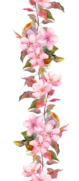 Flores cor-de-rosa de maçã ou cereja. Moldura de listra floral sem costura. Aquarela botânica pintada afiação — Fotografia de Stock