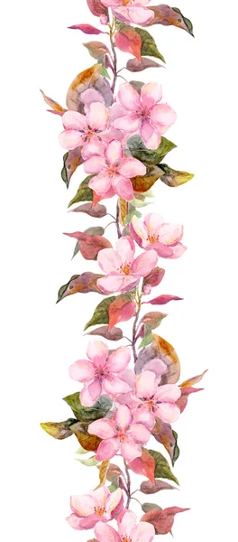 Apple or cherry pink flowers. Seamless floral stripe frame. Botanical watercolour painted edging — Stock Fotó