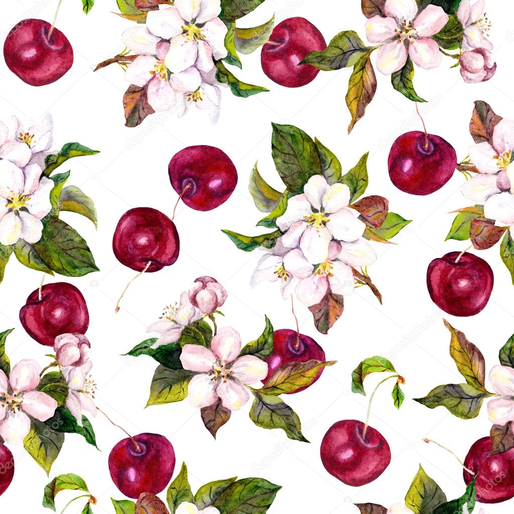 Watercolor floral pattern with cherry berries and cherry flowers. 