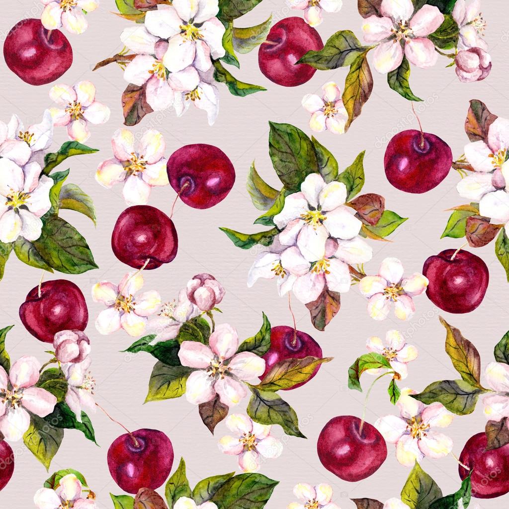 Cherry flowers and cherry berries. Seamless floral pattern. Watercolor 