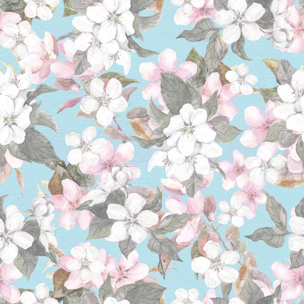 Seamless repeated floral pattern - pink cherry sakura and apple flowers. Watercolor