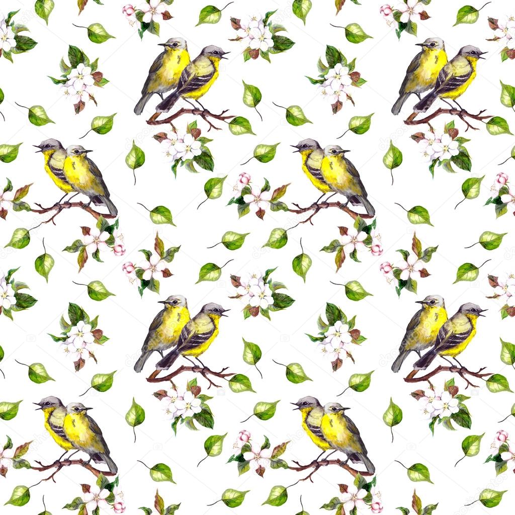 Floral seamless pattern with birds pairs in spring flowers