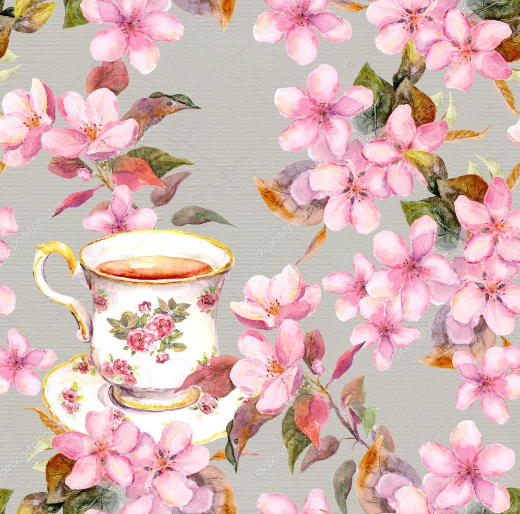 Tea cup and flowers. Seamless floral pattern. Watercolour design on