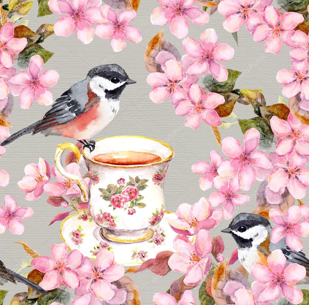Tea cup with pretty bird in blossom -pink flowers garden. Watercolour art. Seamless floral pattern on grey paper texture