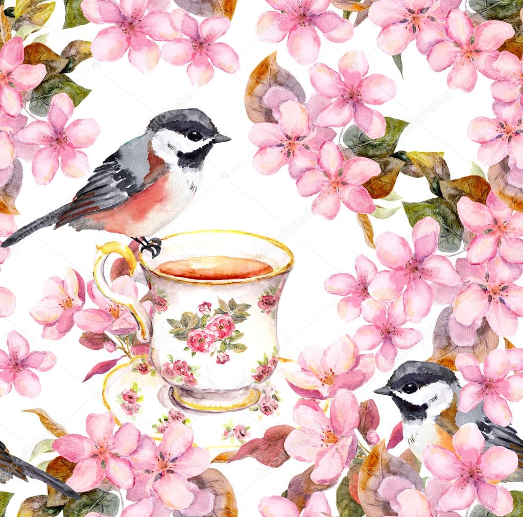 Tea cup, birds and flowers. Seamless floral pattern. Aquarelle drawing on white background