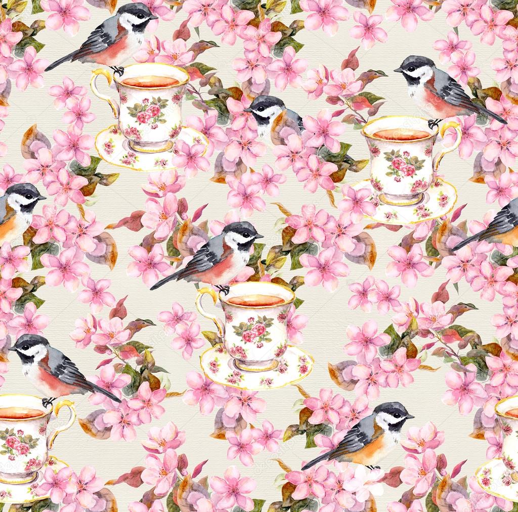 Teacup, bird and pink flowers. Seamless retro floral pattern. Vintage watercolour design on paper background